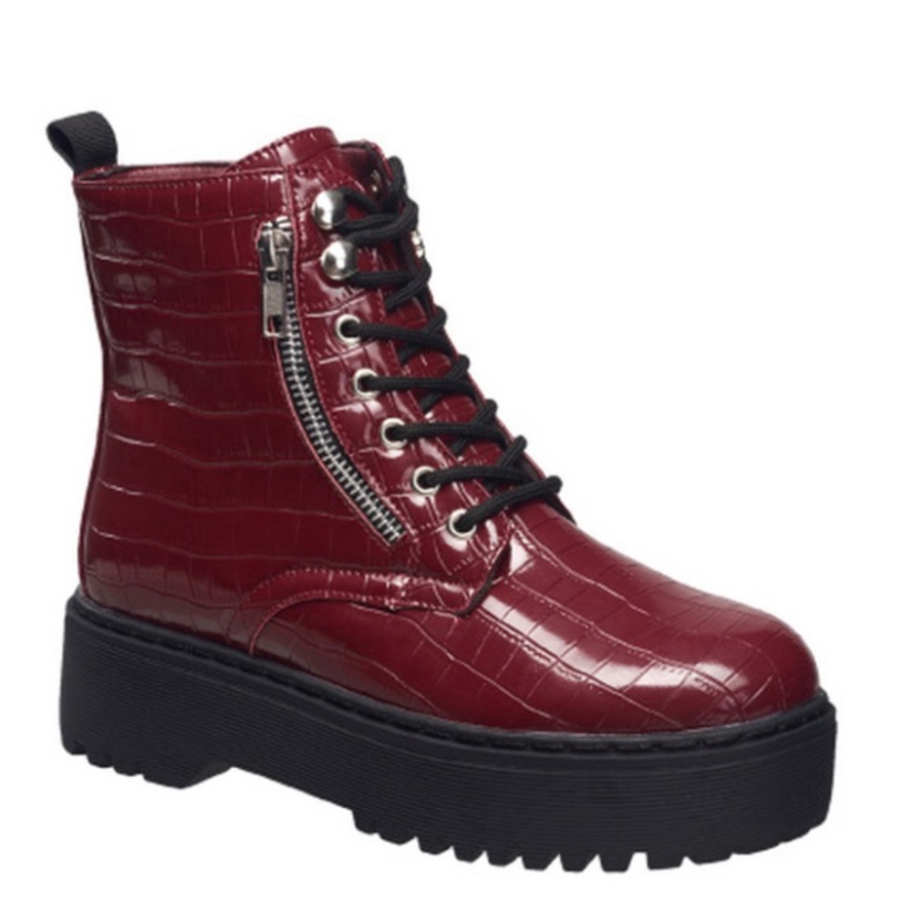 Red ankle combat boots